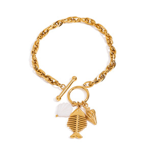 Pulsera de Moda con Dijes de Aleación de Zinc en Tono Dorado, Colgante de Concha y Espina de Pescado, Joyería Unisex para Regalo - Product Image 1