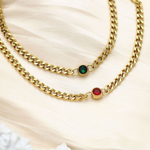 Fashion Cuban Chain Necklace With Zircon Inlay <b>Red</b> Green Color For Women Gift Geometric Design Zinc Alloy <b>Material</b> - Product Image 3