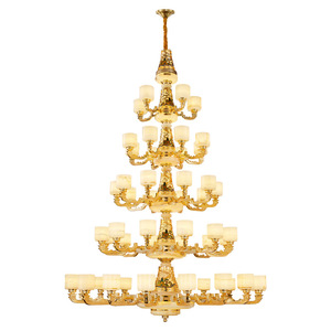 Lustre rond en cuivre et jade de style chinois, à plusieurs têtes, avec éclairage LED pour salon, villa, hall, éclairage principal - Product Image 3