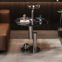 Table d'appoint de luxe italienne légère, table basse en marbre naturel simple en acier inoxydable, petite table basse ronde design