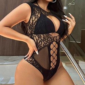 Lingerie sexy en nylon <span class=keywords><strong>crochet</strong></span>é effet résille <span class=keywords><strong>pour</strong></span> femmes matures, robe teddy licou en résille, body-string en dentelle noire, bikini - Product Image 5