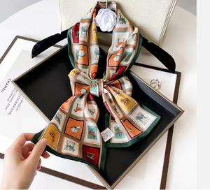 ผ้าพันคอไหมซาตินลายดอกไม้ ลายทาง ลายม้า สำหรับผู้หญิง ดีไซน์แฟชั่น ผ้าสองชั้น ขนาด 150*17 ซม. - Product Image 1