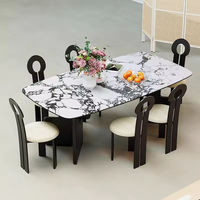 Ensemble de table à manger rectangulaire extensible moderne avec plateau en marbre naturel et pieds en bois noir sculpturale, meubles pour la maison, 6-8 personnes