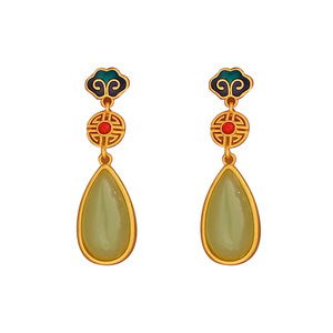 Chinese Style Geometric Drop <b>Earrings</b> With Auspicious Patterns Bezel Setting Stainless Steel Ear <b>Posts</b> EH4868 - Product Image 5