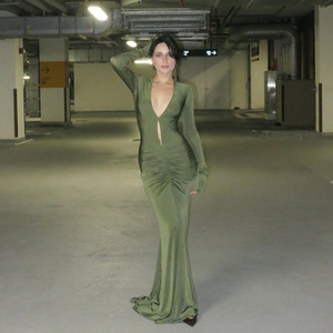 เดรสยาวทรงเข้ารูป แขนยาว คอวีลึก แต่งระบายแบบเซ็กซี่ สไตล์ยุโรปและอเมริกา - Product Image 2