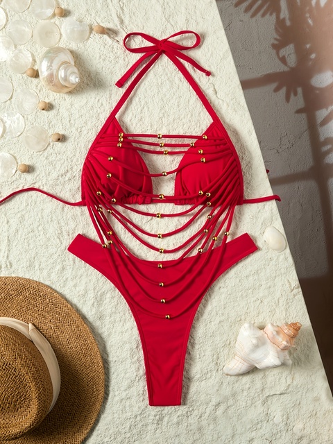 Light Luxury Golden Bead String Neck Swimsuit Sexy Hollow-Out Design One-Piece Bikini