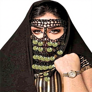 Traditional Egyptian Face Veil - Black Handcrafted Crochet Burqa with Gold Coins for <b>Belly</b> <b>Dance</b> & Folkloric <b>Costumes</b> - Product Image 3