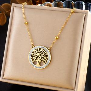 <b>Tree</b> Of Life Pendant <b>Necklace</b> Set Stainless Steel Stud Earrings Women's Fashion Jewelry Party Accessories Gold Tone Hollow - Product Image 3