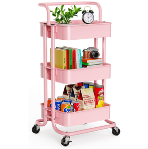 White Foldable Kitchen Bathroom Living Room 3-Tier Metal <b>Rolling</b> Storage Utility <b>Cart</b> with Wheels & Hanging Cups & Hooks - Product Image 6