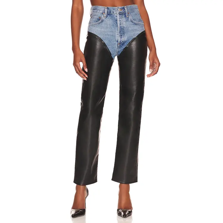 Women fashion street wear cool wear denim shorts with black leather jeans straight leg high waist jeans