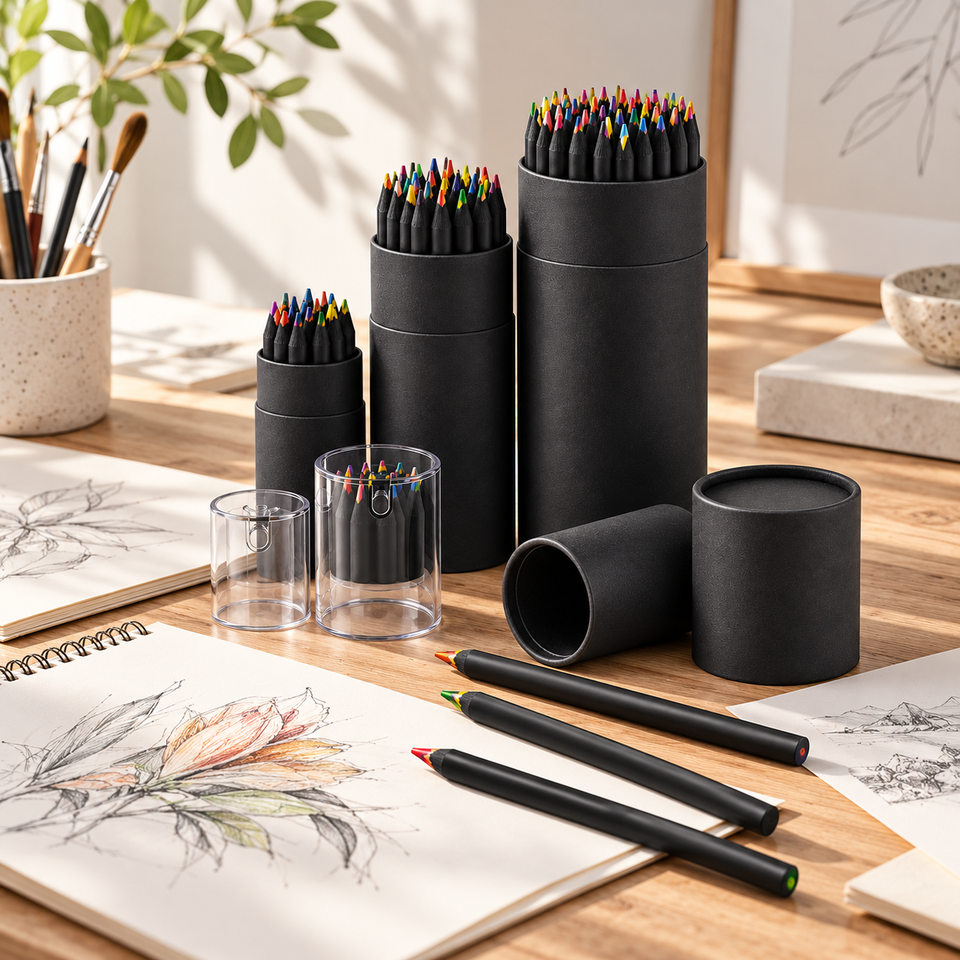 Colored Pencil Packaging Black Cylinder Packaging Custom Printed ...
