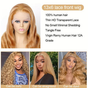 Parrucca 13x4 Honey Blonde 200% Densità, con Frontale in Pizzo Trasparente, Capelli Umani Pre-Pizzicati con Baby Hair, Ondulata, <span class=keywords><strong>Colore</strong></span> 27 #   Colorato - Product Image 6