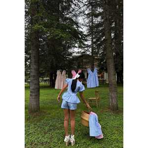 Conjunto Casual de Dos Piezas para Mujer, Modelo Blue Laura a Cuadros, Shorts por Encima de la Rodilla con Tela de Lana, Talla XS para Verano - Product Image 1