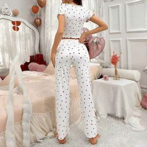 I-0630 Factory <b>Women</b> Sleepwear Heart-Shape Printed Breathable V-Neck Bow Breathable High Elastic Waist Short-Sleeved <b>Pajamas</b> - Product Image 4