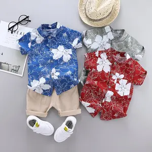 2023 Summer Beach Children Kids Clothes Set Short Sleeve Stand Collar Flower Print Shirt Pants Two Piece Toddler Boys Clothing