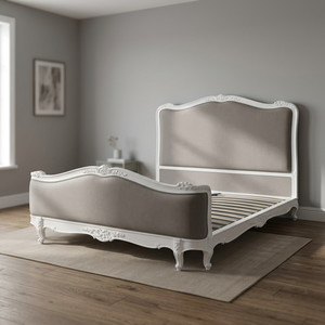 European Style White Wood <b>Bed</b> <b>Frame</b> with Fabric Upholstered Headboard and Footboard <b>Soft</b> <b>Bed</b> Design - Product Image 1
