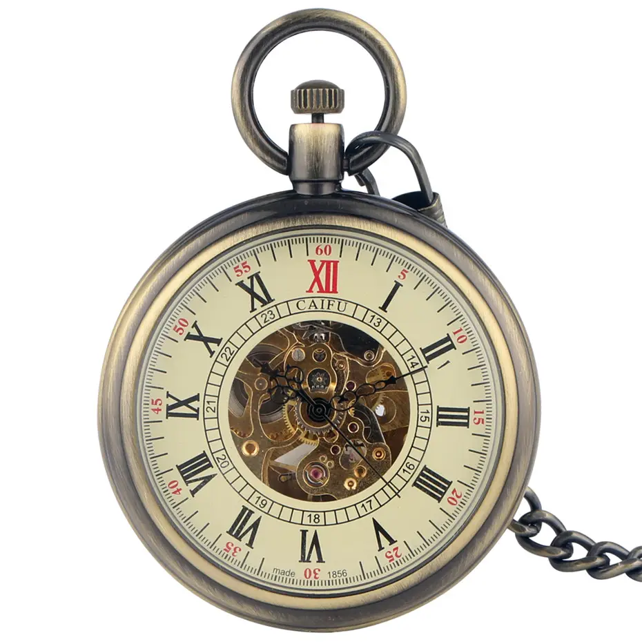 Часы наручные с римскими цифрами и открытым лицом, автоматические карманные в металлическом корпусе, в стиле ретро/панк, с подвеской, с автозаводом