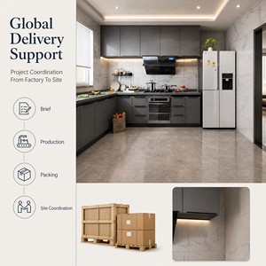 Mobili da Cucina a L Grigio Scuro Personalizzati <span class=keywords><strong>con</strong></span> Parete Effetto Marmo, <span class=keywords><strong>Cappa</strong></span> Nera, Frigorifero Alto, Forno a Incasso e Piano di Lavoro Angolare - Product Image 5