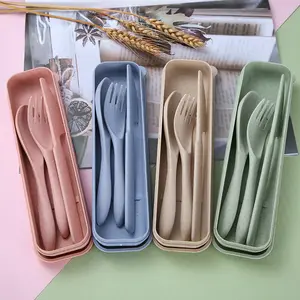 3 pz/set Portatile Paglia di Grano Cucchiaio Forchetta Coltello Con Caso di Immagazzinaggio Riutilizzabile Set di Posate Da Cucina di Casa di Corsa All'aperto Stoviglie