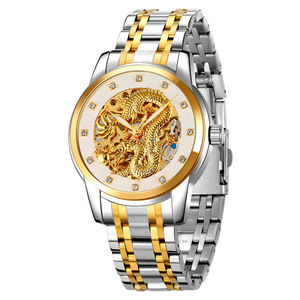 Relief gold <b>dragon</b> transparent mechanical watch with diamond-studded steel strap, water-resistant, for business men's wrists - Product Image 1