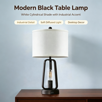 Lampe de table industrielle en métal avec port de charge USB, abat-jour en tissu, lampe de bureau pour chambre à coucher, salon