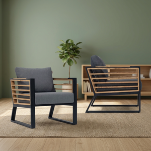 Modern Outdoor Lounge Chair Waterproof Patio <b>Sofa</b> Cushioned Foam Square Armrest Metal <b>Frame</b> <b>Wood</b> Slat Leisure Seat - Product Image 3