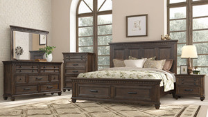 Ensemble de meubles de chambre à coucher en bois massif brun vintage, lit king-size avec rangement, commode, table de chevet et coffre pour décoration d'intérieur classique - Product Image 6