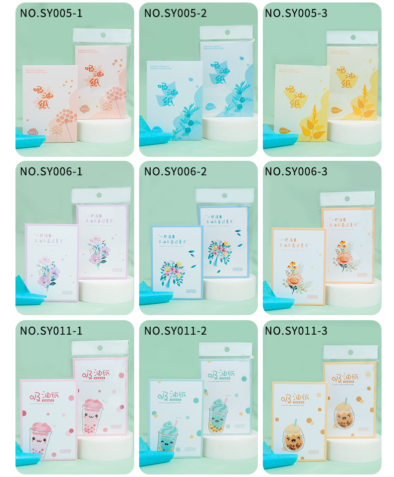 50pcs Custom Logo Blotting Paper Oil Absorbing Facial Clean Portable Pocket Makeup Oil Control Paper Sheet SY002-006