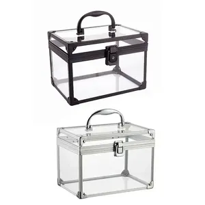 Clear Acrylic Makeup Case Tool Box Silver Black Frame Acrylic Cosmetic Train Case Portable Suitcase for Cosmetics & Toiletry