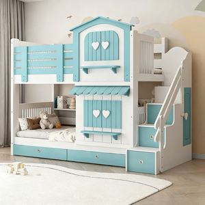 Lit d'enfant JINS en bois massif, moderne, confortable, durable, écologique, design château de princesse <span class=keywords><strong>bleu</strong></span>, chambre de filles, école - Product Image 4