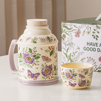 Mug en céramique à motif floral vintage avec couvercle et bouilloire pour le bureau et les cérémonies de thé