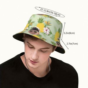 Custom Photo Bucket <b>Hat</b> with Hand-Drawn Tropical Pineapple Flower Pattern Breathable Personalized Summer Travel Cap Daily Use - Product Image 1