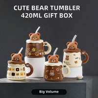 Mignonne tasse en céramique en forme d'ours de dessin animé avec couvercle et paille, grande capacité 420 ml, compatible lave-vaisselle, coffret cadeau d'amitié pour la rentrée scolaire