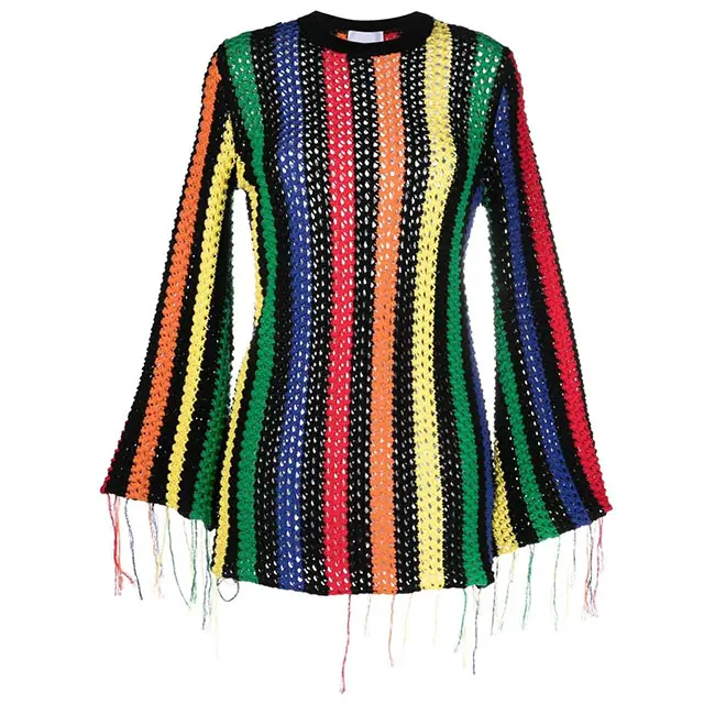 Malhas fabricantes personalizado 2023 primavera casual listrado crochet malha suéter franja das mulheres malha cardigan das mulheres de malha malha