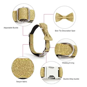 Free Engraving ID Name Tag Adjustable Sparkling Bling Party Dog Collar Custom Nylon Pet Collar With Removable Bow Tie
