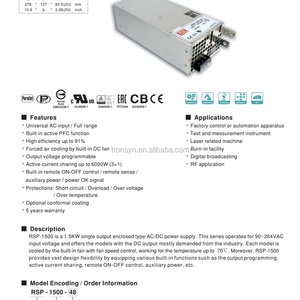 Fuente de Alimentación de Salida Única Meanwell Autorizada RSP-1500-12 con PFC y Elevador de Voltaje DC, Transformador Wenzhou de 12V a 220V, Piezas - Product Image 6
