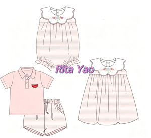 Vestito per Bambina in Cotone a Righe Blu Navy con Colletto a Conchiglia e Applicazione a Forma di Mela, Abbigliamento per il Ritorno a Scuola, Vestito Ricamato per Bambine - Product Image 5