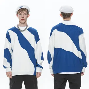 High Street Men Fashion Long Sleeves Oversize Tops New Design Contrast Color O-Neck Acrylic Knitted Pullover Sweater