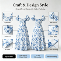Robe longue florale pour femme, col carré, manches courtes bouffantes, dos noué, coupe trapèze, pour vacances, mariage, invitées, soirée ODMOEM