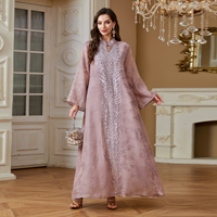 Abaya élégante à col montant, broderie verticale de feuilles, sequins, polyester léger, manches évasées, modeste, formelle, longue, pour adultes