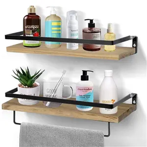 Set Of 2 Wooden Storage Shelf Decoration Wood Storage Shelves With Towel Bar Wood Rustic Floating Shelves For Wall