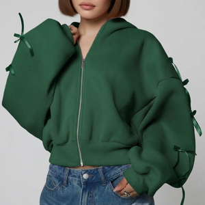 Sudadera con capucha rosa extragrande para mujer con mangas abullonadas y detalles de lazo, manga larga, tejida, color liso, estilo otoñal - Product Image 3