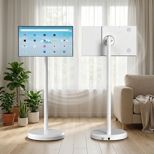 32inches Portable Tv LCD LED with Battery Movable Smart Touch Screen on Wheels Android for Home Kitchen Use