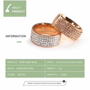 Wide Pave Zircon <b>Ring</b> <b>Stainless</b> <b>Steel</b> 14K Gold Vacuum Plated Rose Gold Tone Sparkling Statement Band - Product Image 4