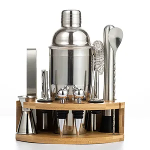 2024 350/550/700/750ML Cocktail Shaker Set Stainless Steel Kit With Cocktail Shaker Stylish Wooden Stand