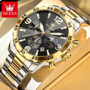 OLEVS 3678 Orologio di Lusso da Uomo Oro e Nero Multifunzione al Quarzo Impermeabile con Fasi Lunari Cronografo in Acciaio Inossidabile - Product Image 1