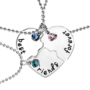 Collana con Ciondolo <span class=keywords><strong>Cuore</strong></span> <span class=keywords><strong>Spezzato</strong></span> in Lega di Zinco, Charm Argento 'Migliori Amici per Sempre' con Cristalli Blu/Azzurro/Rosso - Product Image 1