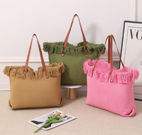 Sac fourre-tout Hobo en toile tissée avec pompons, grande capacité, pour usage quotidien, étudiants et navetteurs, couleur macaron, style plage de luxe