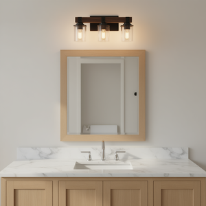 Lámpara de Pared Rústica Moderna para Baño, Estilo Granja, 3 Luces, Madera de Nogal, Hierro, Pantallas de Vidrio, Luz Blanca Cálida 2700K - Product Image 2