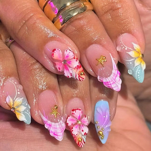 <span class=keywords><strong>Ongles</strong></span> à presser 3D effet vague d'eau style océan, motif fleur douce avec strass, <span class=keywords><strong>faux</strong></span> <span class=keywords><strong>ongles</strong></span> amande – Nouvelle collection été très tendance - Product Image 1